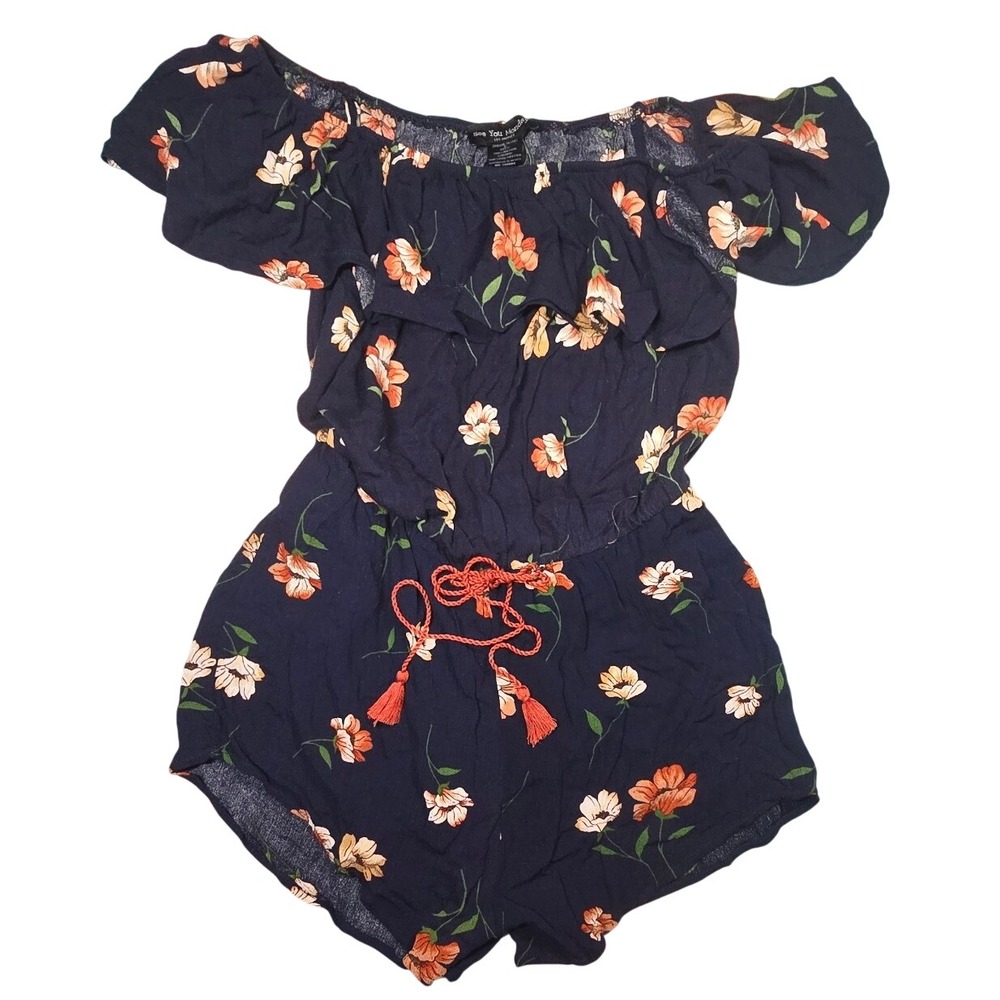 See You Monday Navy Floral Off the Shoulder Tassel Romper Small JS9208-161201